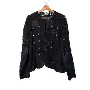 Vintage Sandy Starkman Black Crochet Mirrored‎ Art to Wear Patchwork Jacket XL